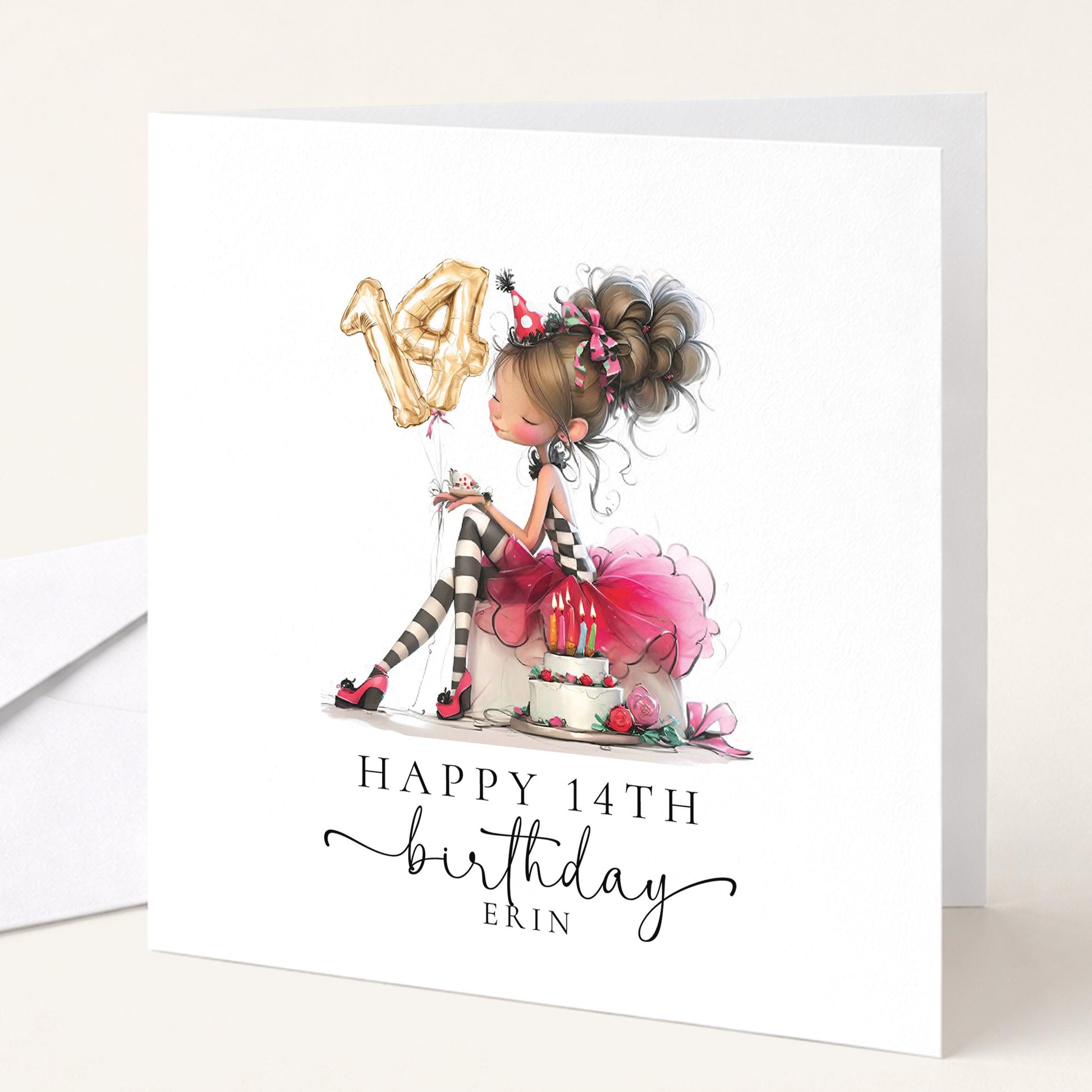 14th Birthday Card for Girl, Cute Birthday Card with Cake and Balloons, Personalised Girls Birthday Card Age 14