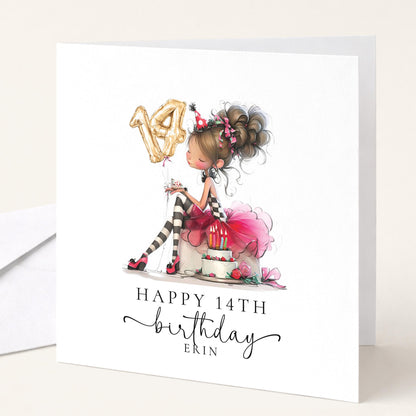 14th Birthday Card for Girl, Cute Birthday Card with Cake and Balloons, Personalised Girls Birthday Card Age 14