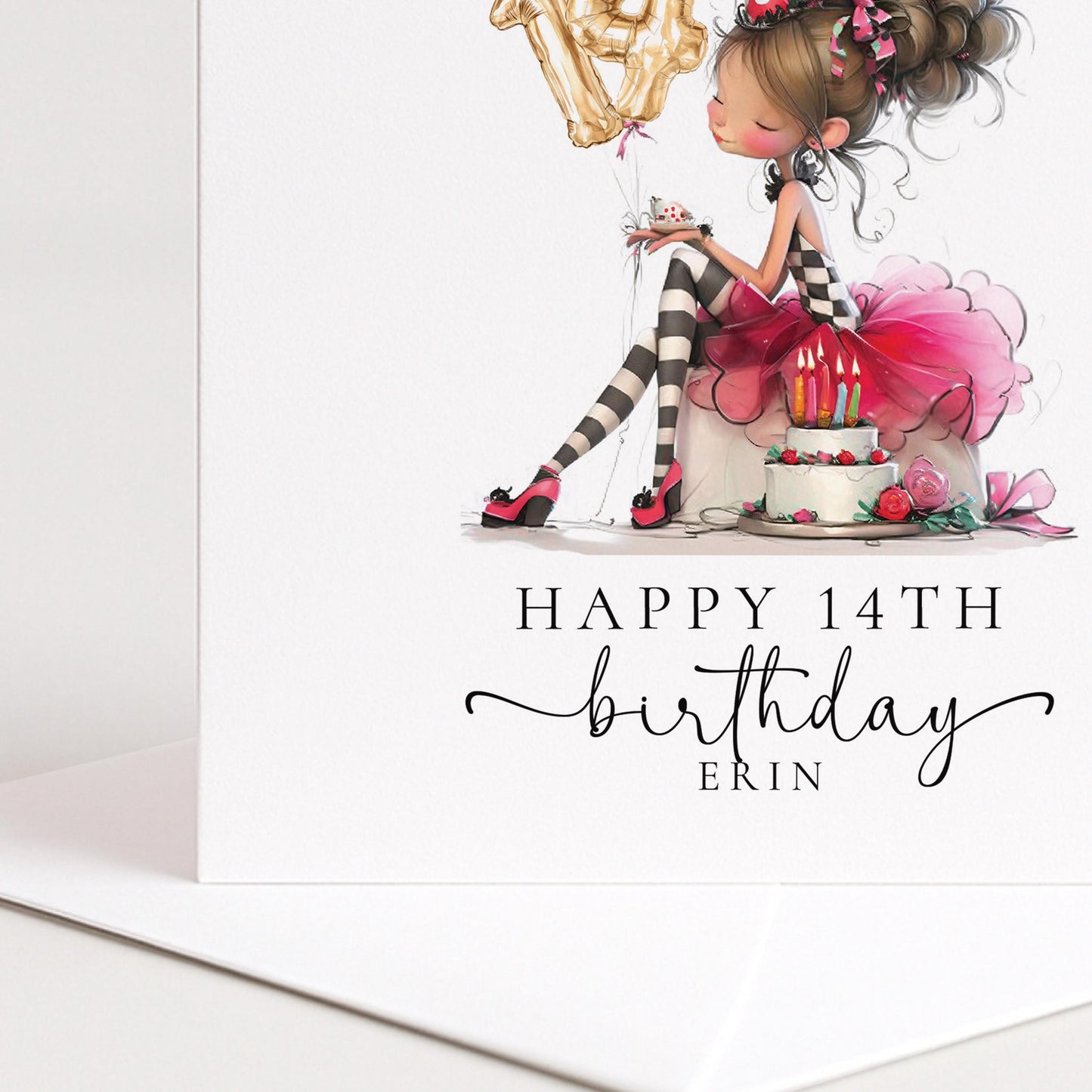 14th Birthday Card for Girl, Cute Birthday Card with Cake and Balloons, Personalised Girls Birthday Card Age 14