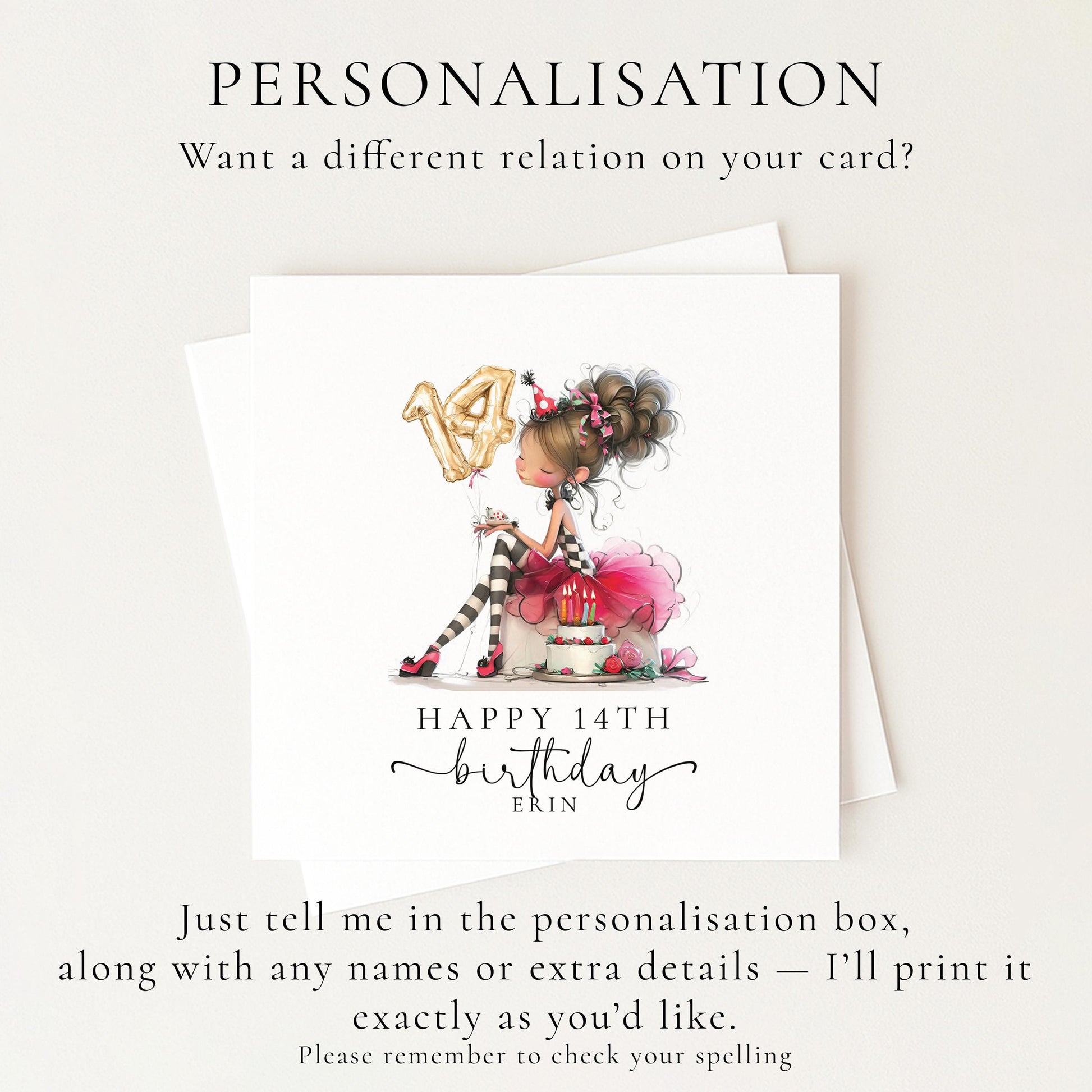 14th Birthday Card for Girl, Cute Birthday Card with Cake and Balloons, Personalised Girls Birthday Card Age 14