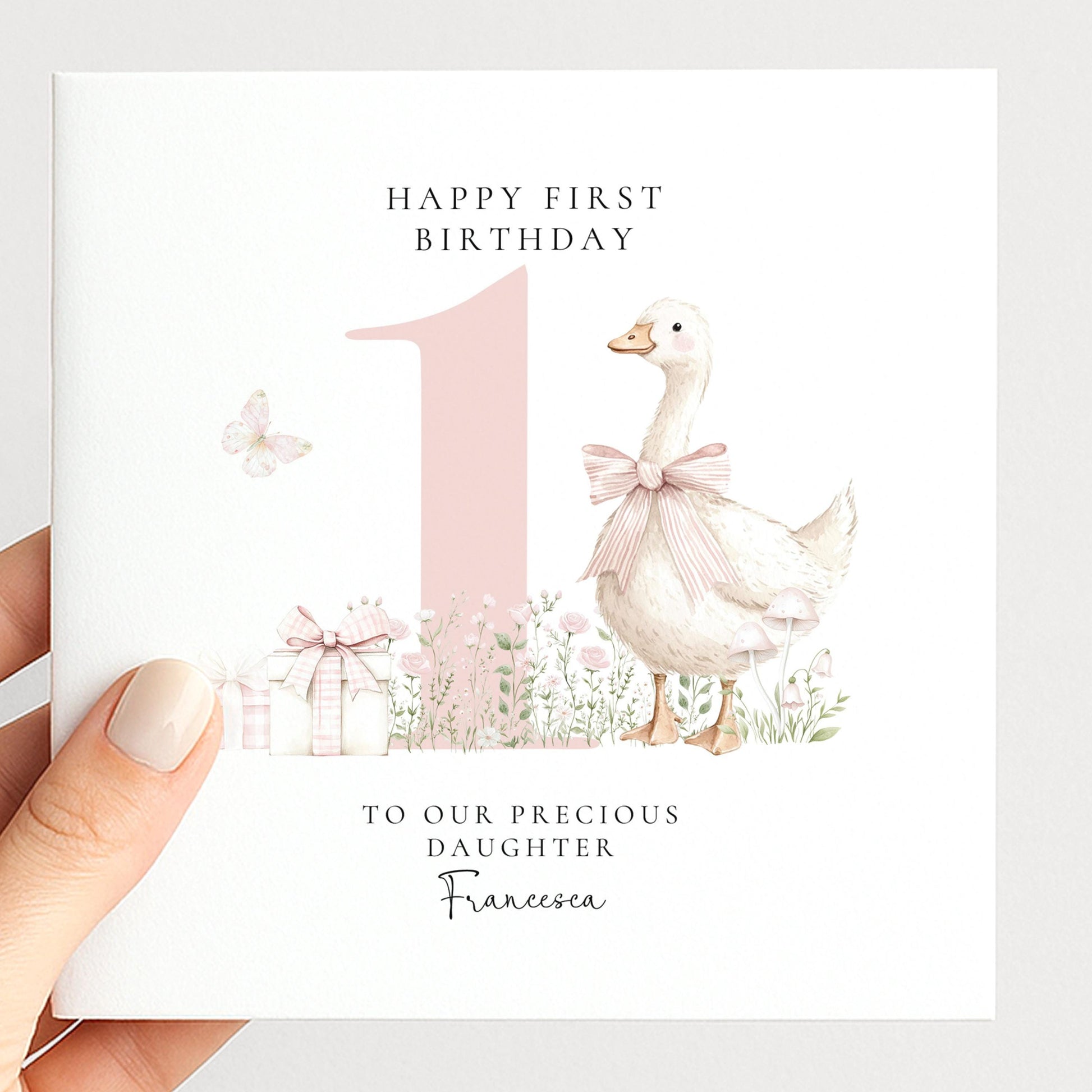 First Birthday Card Daughter, Personalised 1st Birthday Card with Goose Illustration, Square Card, Baby Girl Birthday Card