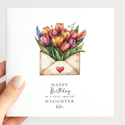 Happy Birthday Daughter Card, Floral Envelope Design, Tulip Birthday Card for Daughter, Elegant Handmade Card