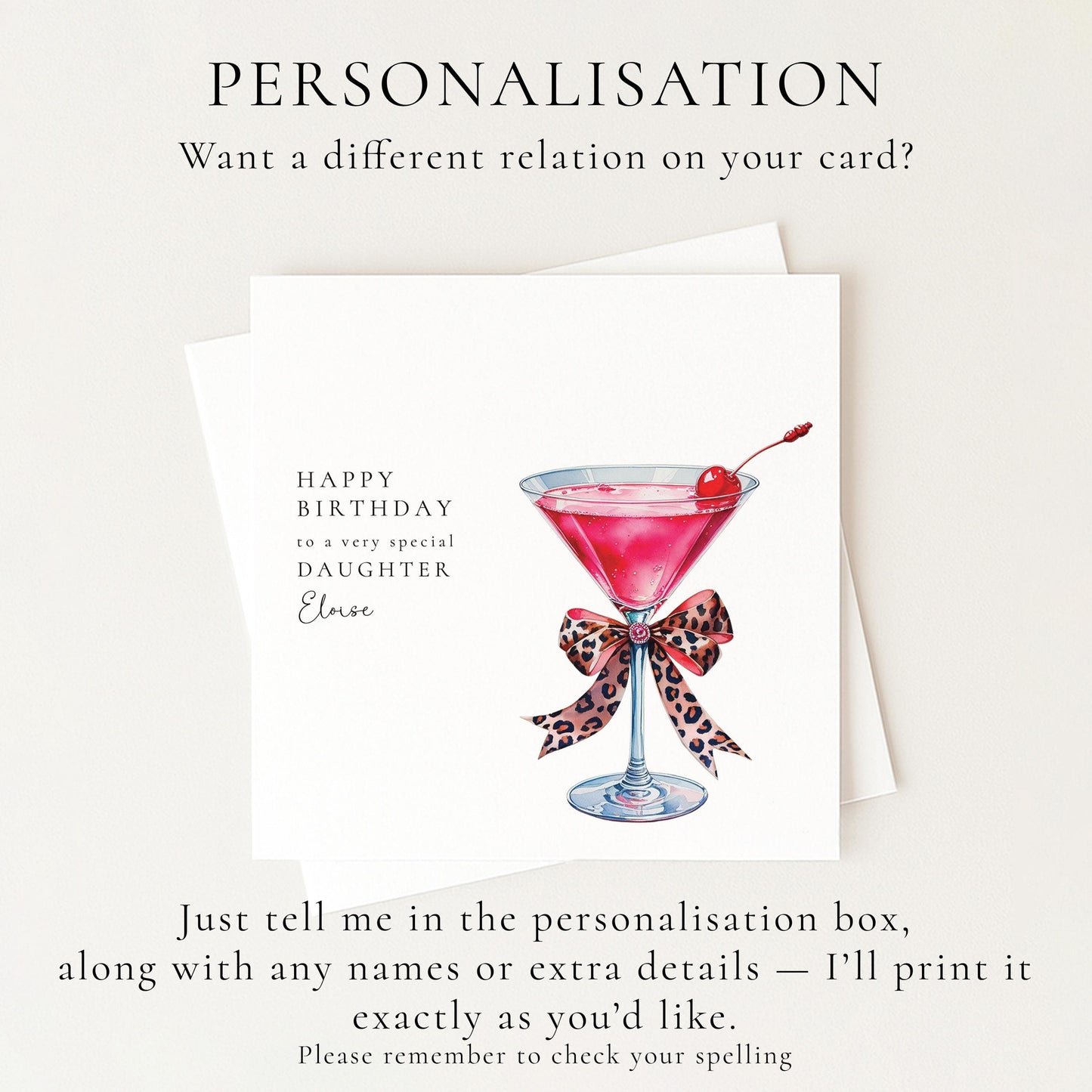 Daughter Birthday Card, Happy Birthday Daughter Card with Cocktail Illustration, Personalised Birthday Card for Daughter