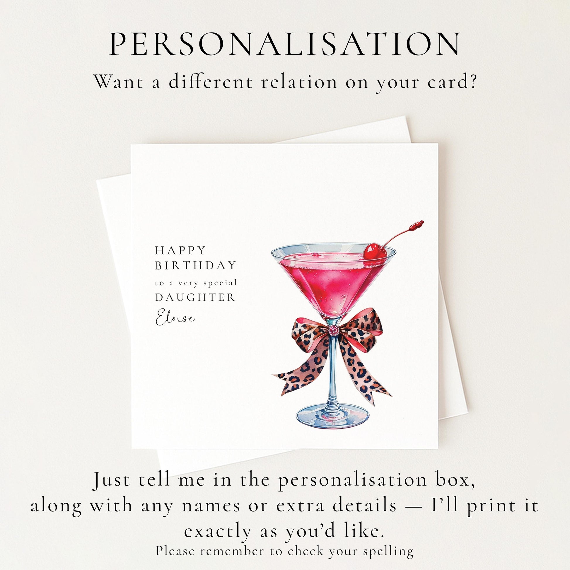 Daughter Birthday Card, Happy Birthday Daughter Card with Cocktail Illustration, Personalised Birthday Card for Daughter