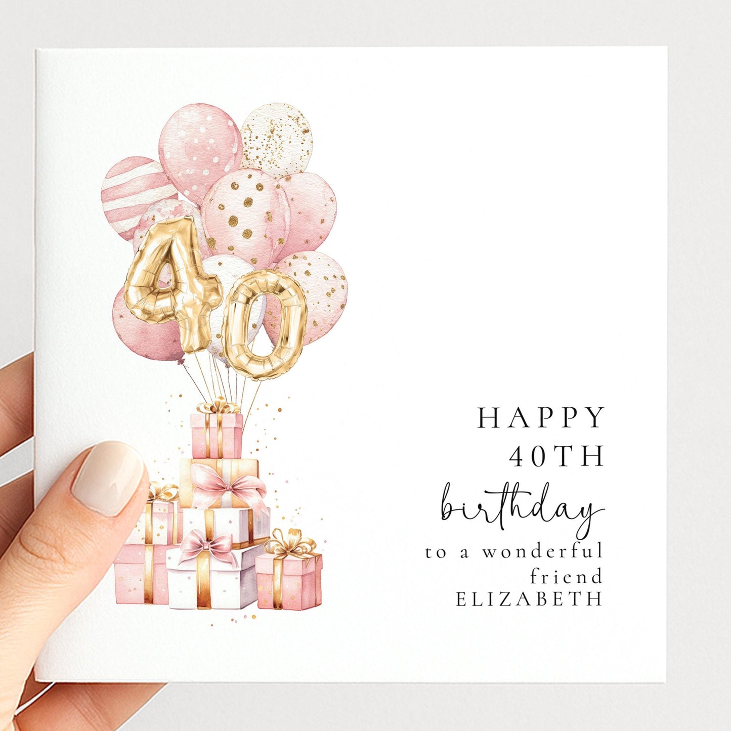 40th Birthday Card for Friend, Happy 40th Birthday Card with Balloons and Gifts, Personalised Birthday Card for Friend