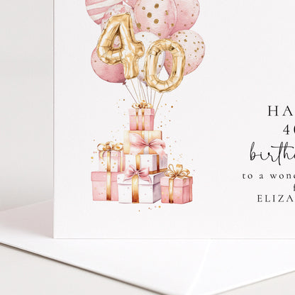 40th Birthday Card for Friend, Happy 40th Birthday Card with Balloons and Gifts, Personalised Birthday Card for Friend