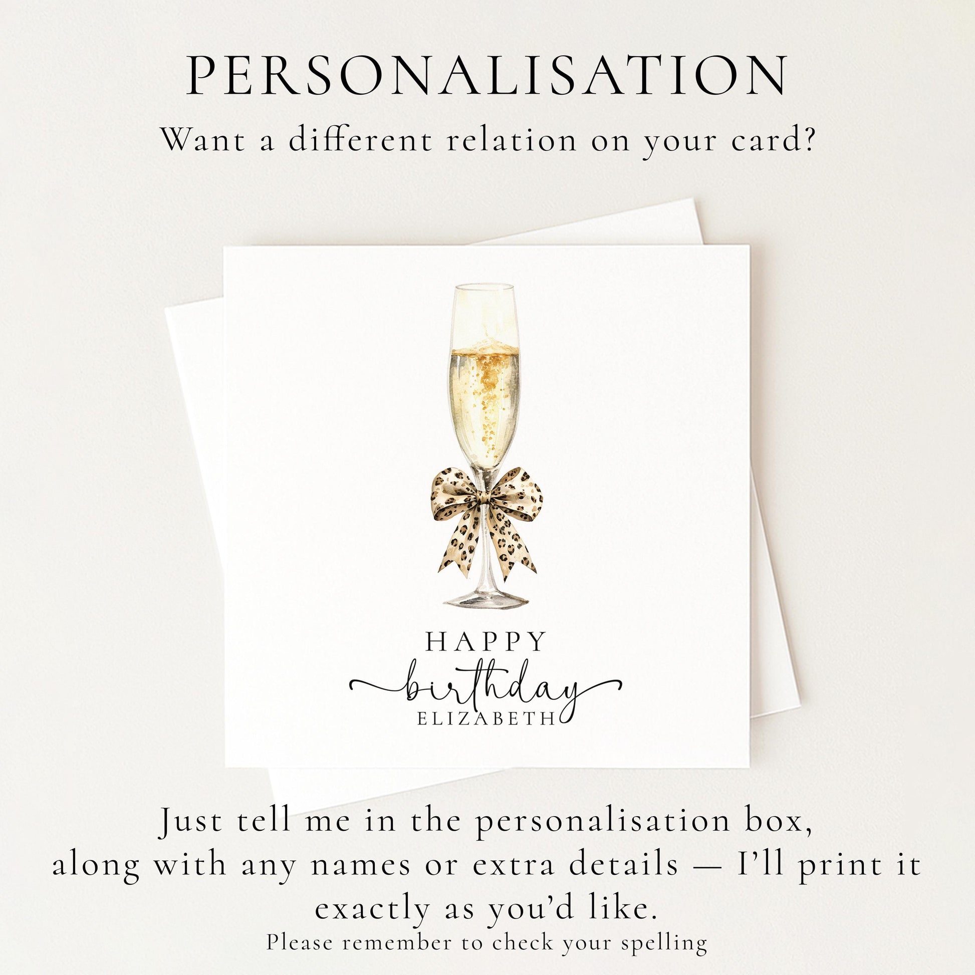 Birthday Card for Her, Elegant Happy Birthday Card with Champagne Glass, Personalised Birthday Card for Woman