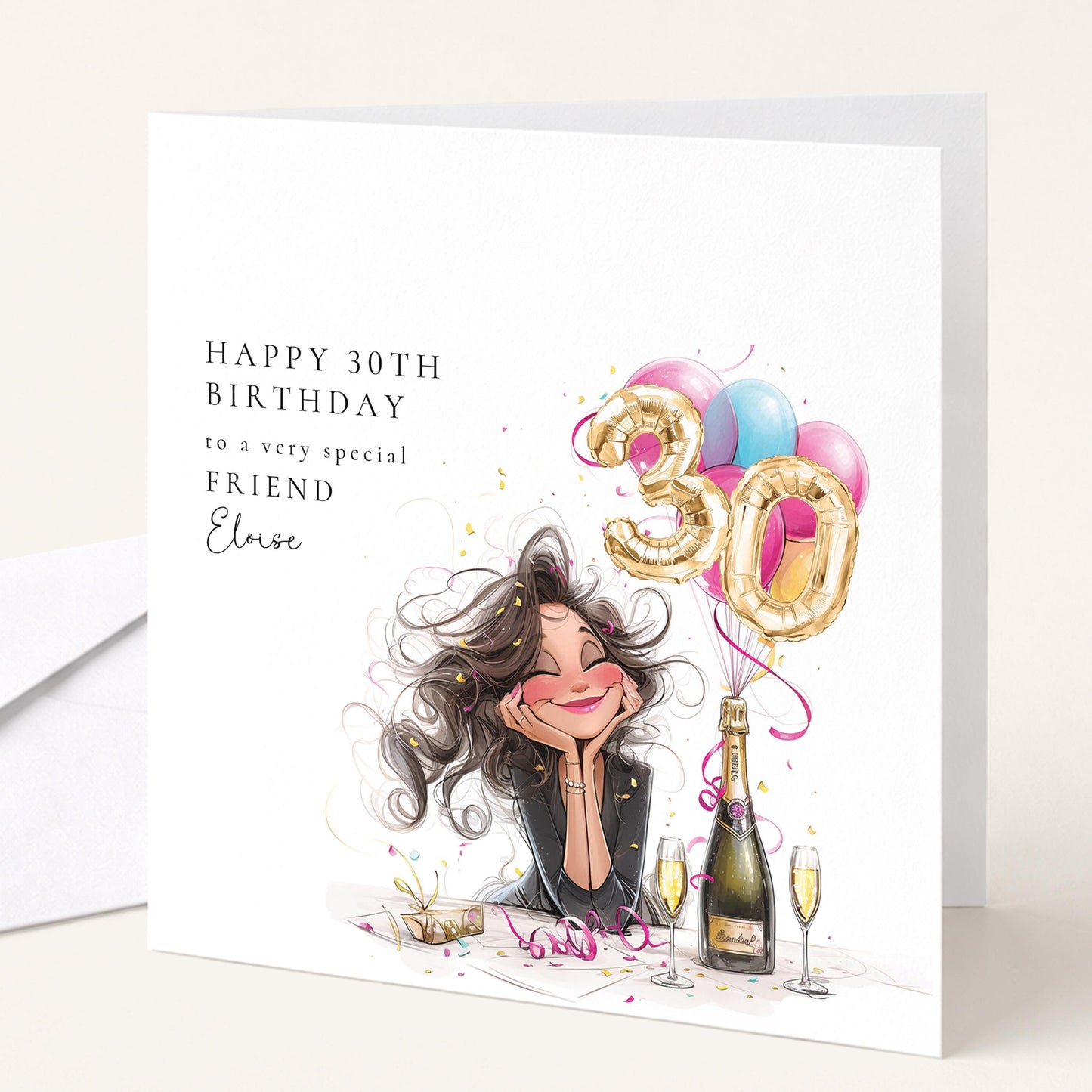 30th Birthday Card for Friend, Happy 30th Birthday Friend Card with Champagne and Balloons, Personalised Birthday Card