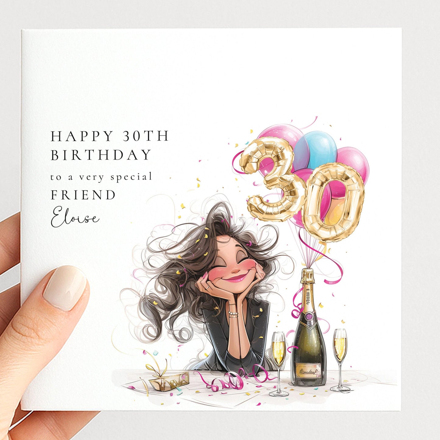 30th Birthday Card for Friend, Happy 30th Birthday Friend Card with Champagne and Balloons, Personalised Birthday Card