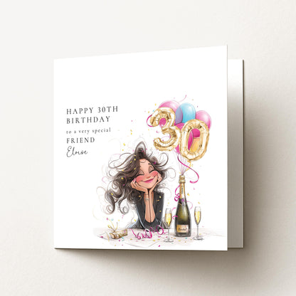 30th Birthday Card for Friend, Happy 30th Birthday Friend Card with Champagne and Balloons, Personalised Birthday Card