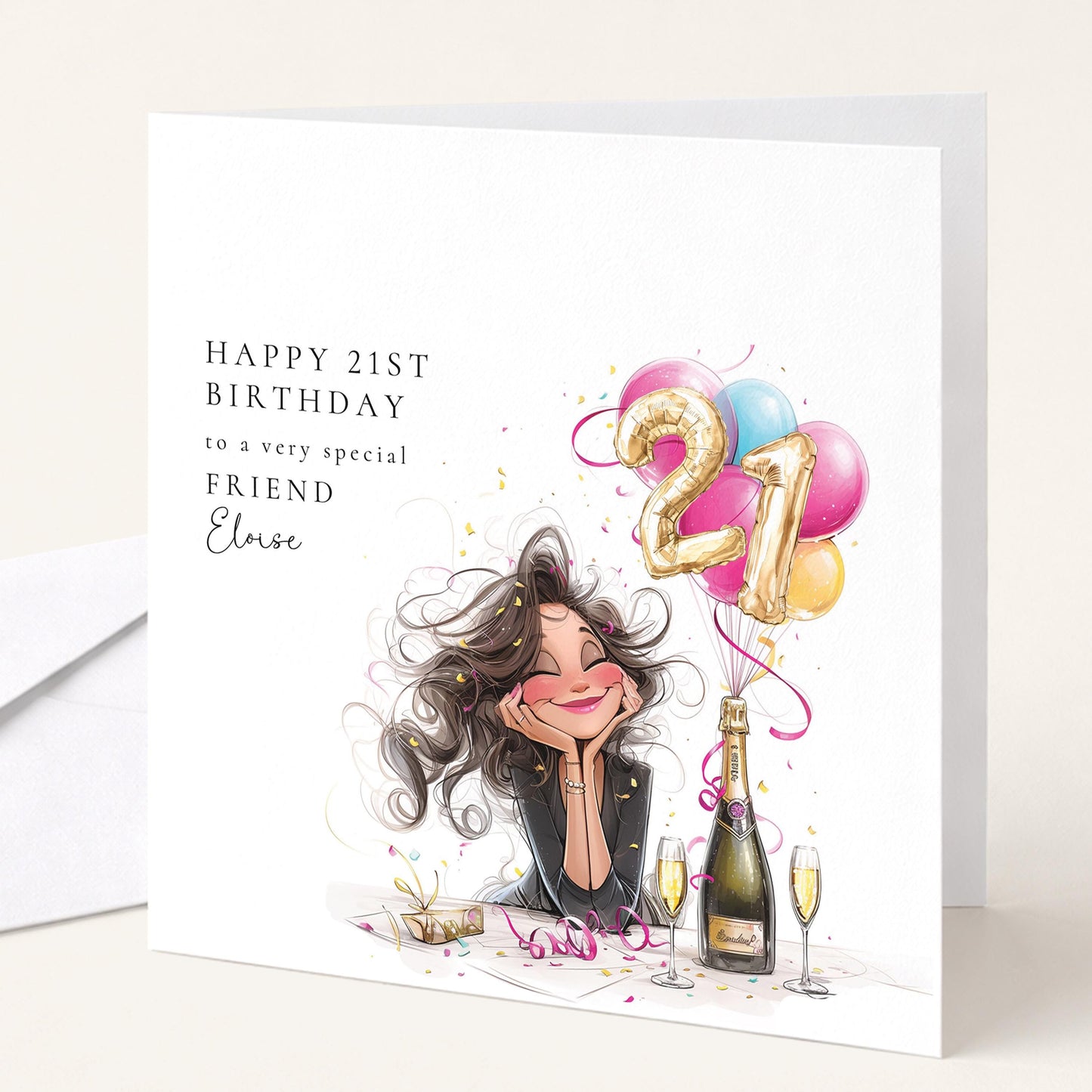 21st Birthday Card for Friend, Happy 21st Birthday Friend Card with Champagne and Balloons, Personalised Birthday Card