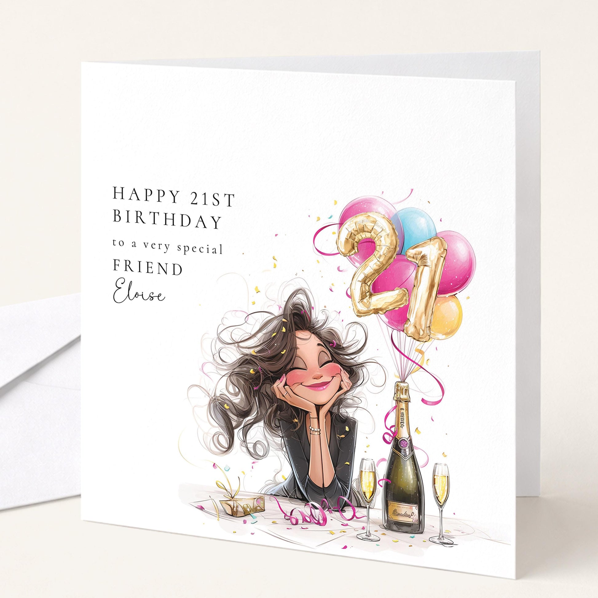21st Birthday Card for Friend, Happy 21st Birthday Friend Card with Champagne and Balloons, Personalised Birthday Card