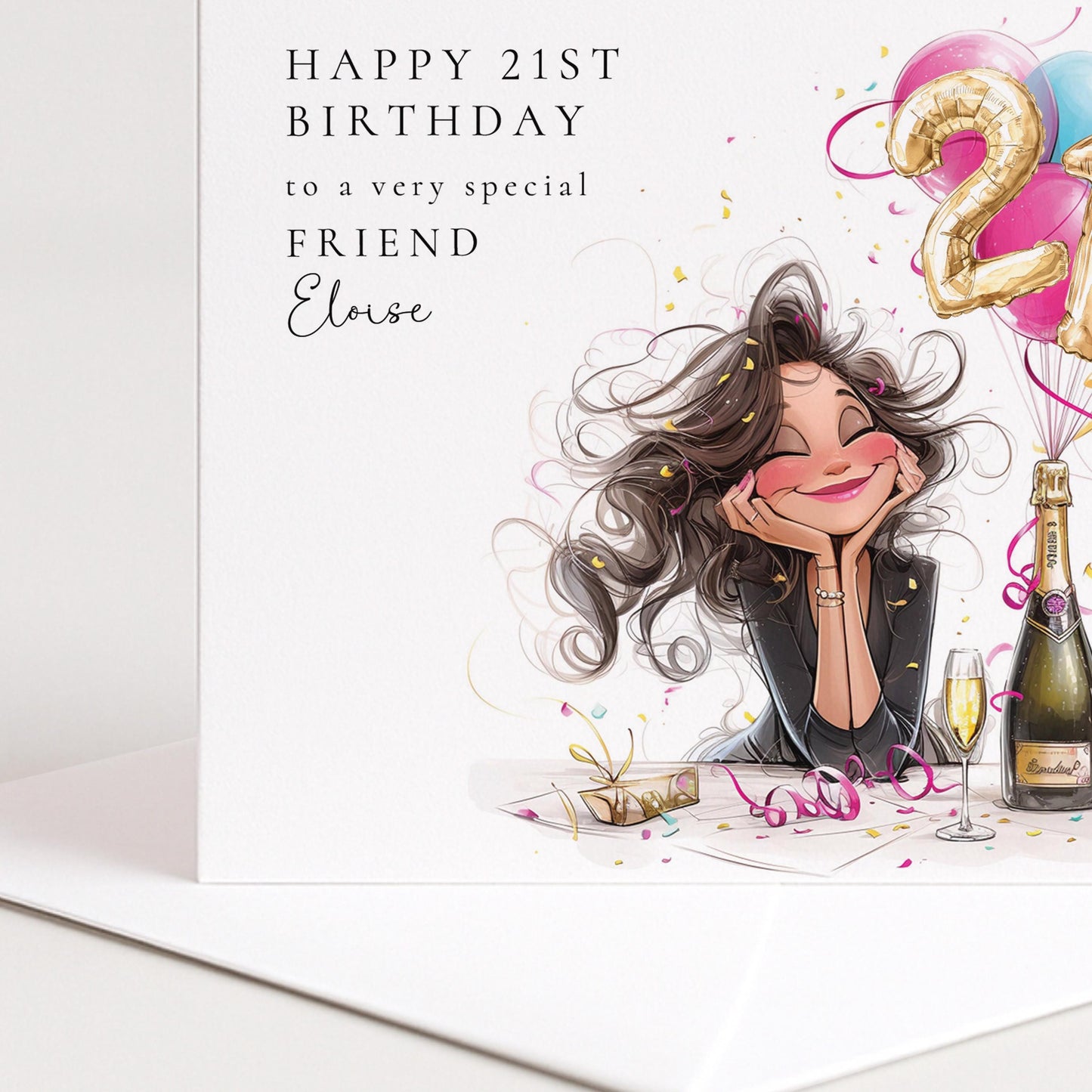 21st Birthday Card for Friend, Happy 21st Birthday Friend Card with Champagne and Balloons, Personalised Birthday Card