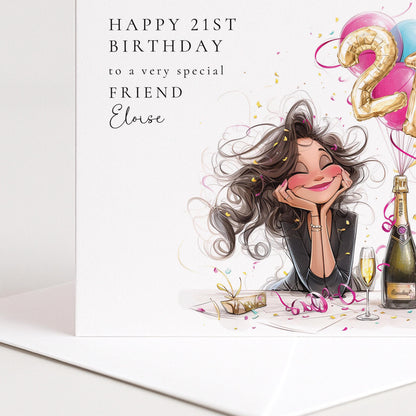 21st Birthday Card for Friend, Happy 21st Birthday Friend Card with Champagne and Balloons, Personalised Birthday Card