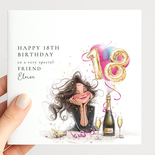 18th Birthday Card for Friend, Happy 18th Birthday Friend Card with Champagne and Balloons, Personalised Birthday Card