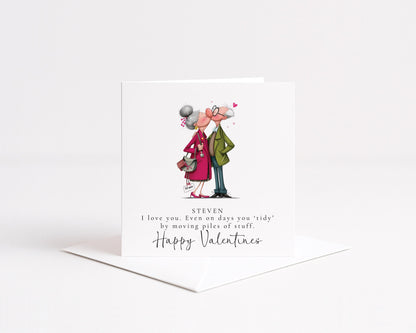 Funny Valentines Card Tidy Piles, Personalised Valentine Card for Him, Husband Boyfriend Partner Anniversary Card, Cute Old Couple Love Card