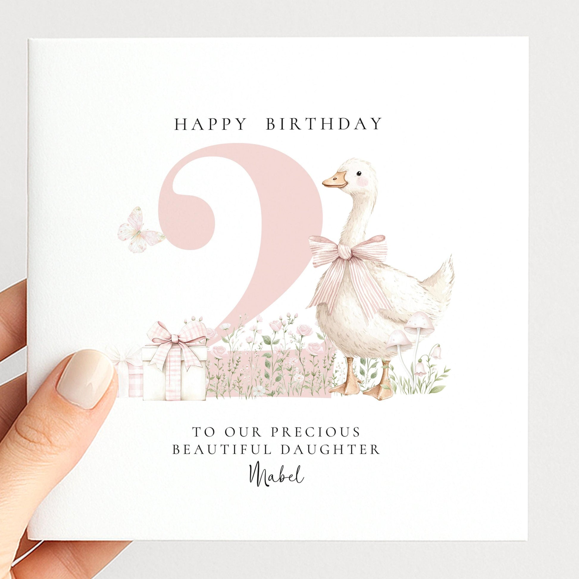2nd Birthday Card for Daughter, Cute Goose Birthday Card, Personalised Age 2 Birthday Card for Girl, Pink Bow Farmyard Card
