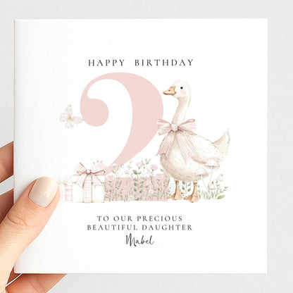 2nd Birthday Card for Daughter, Cute Goose Birthday Card, Personalised Age 2 Birthday Card for Girl, Pink Bow Farmyard Card