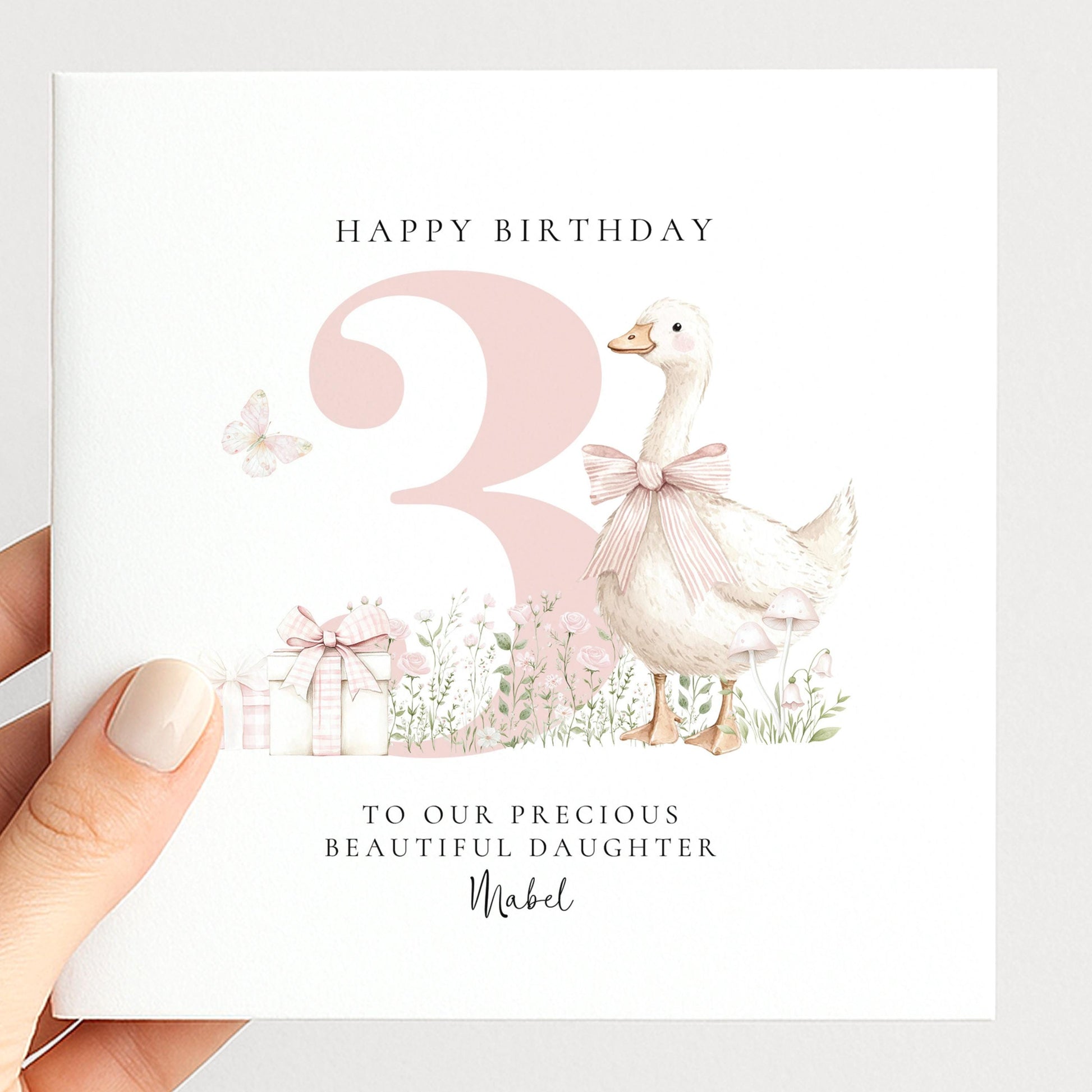3rd Birthday Card for Daughter, Pink Goose Birthday Card, Personalised Age 3 Card for Girl, Farmyard Birthday Card, Printed & Posted