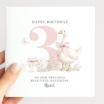 3rd Birthday Card for Daughter, Pink Goose Birthday Card, Personalised Age 3 Card for Girl, Farmyard Birthday Card, Printed & Posted