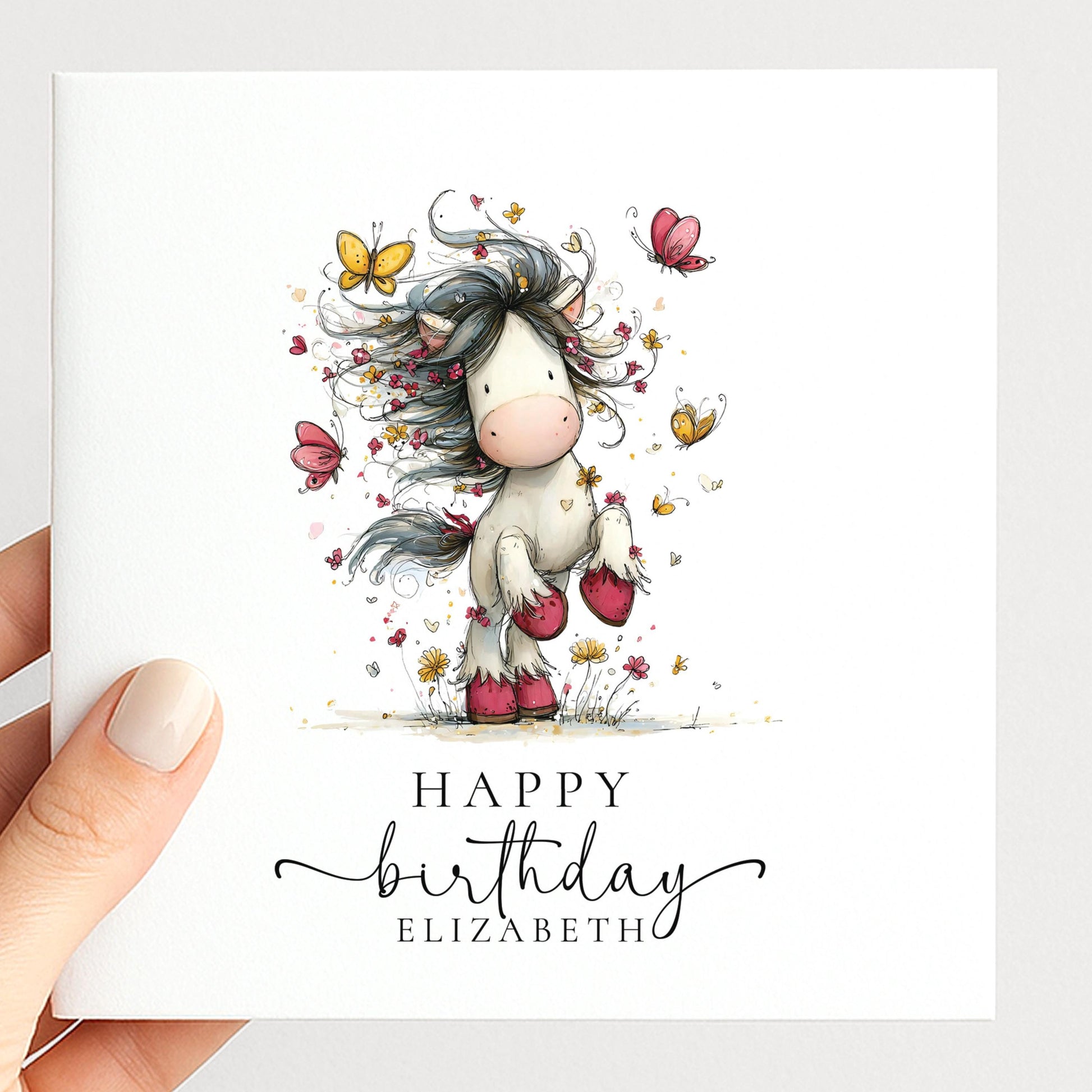 Cute Pony Birthday Card Personalised, Horse Birthday Card for Girls, Butterfly Pony Card, Custom Name Card for Daughter, Granddaughter