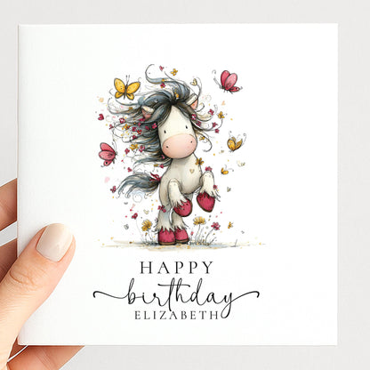Cute Pony Birthday Card Personalised, Horse Birthday Card for Girls, Butterfly Pony Card, Custom Name Card for Daughter, Granddaughter
