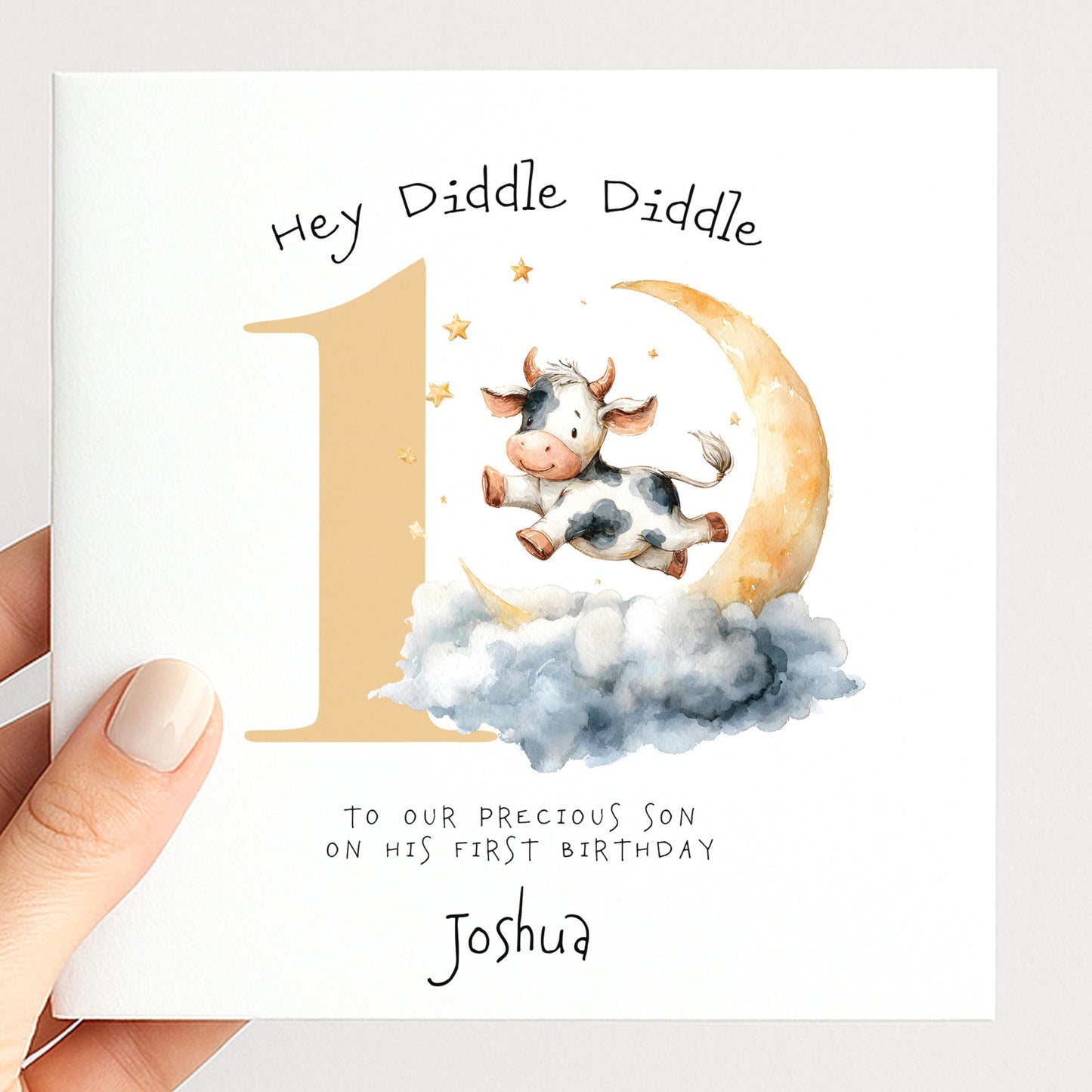 Personalised 1st Birthday Card for Son or Boy, Hey Diddle Diddle First Birthday Card, Cow Jumping Over the Moon Card, Nursery Rhyme Theme