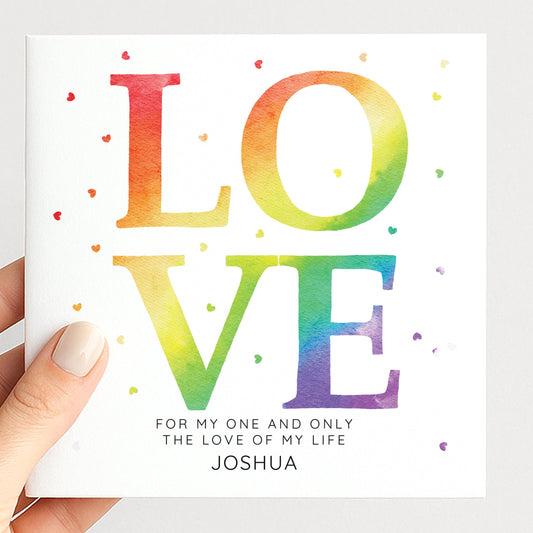 Rainbow LOVE Card, Personalised Valentine’s Card, LGBT Pride Love Card, Custom Name Romantic Card, Colourful Love Letter Card
