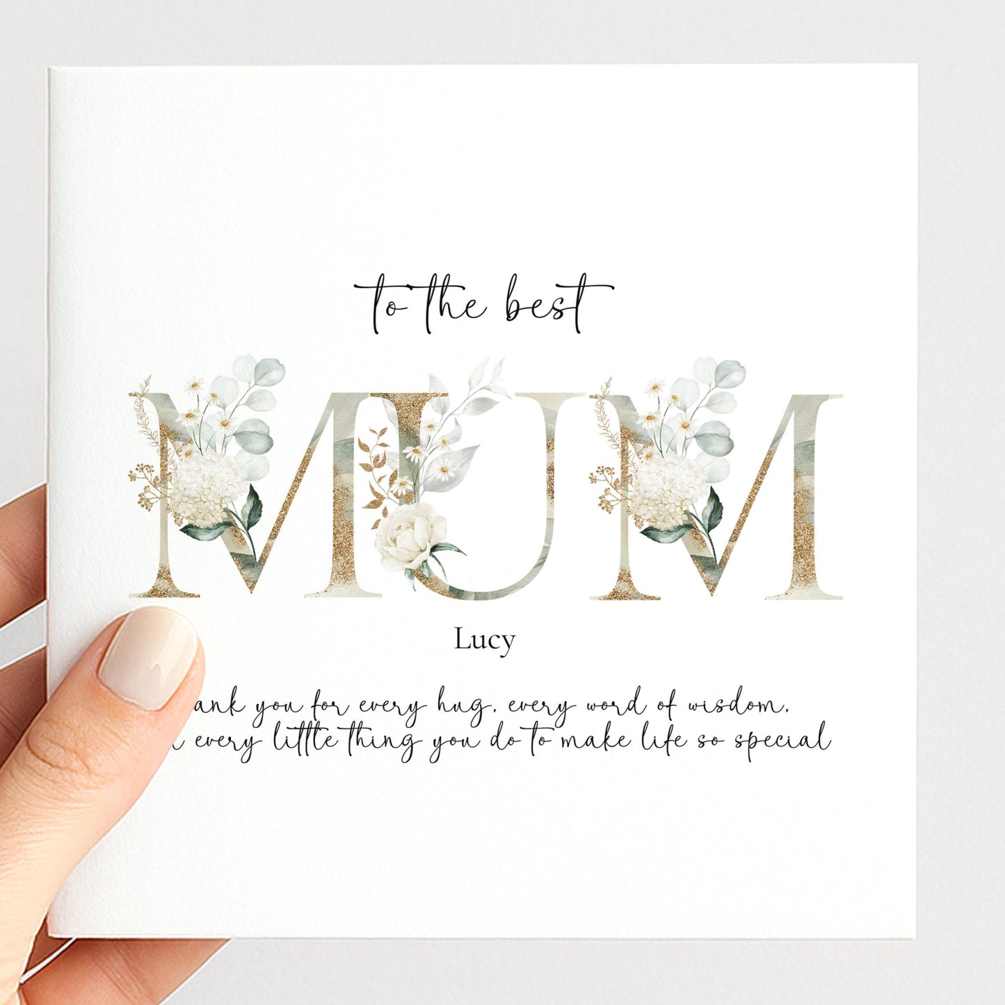 Elegant Floral Mum Birthday Mothers Day Card: Gold Lettering, Keepsake Design