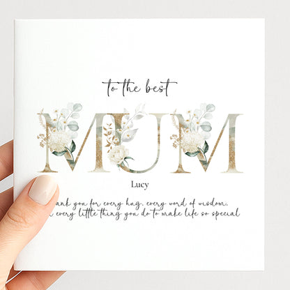 Elegant Floral Mum Birthday Mothers Day Card: Gold Lettering, Keepsake Design