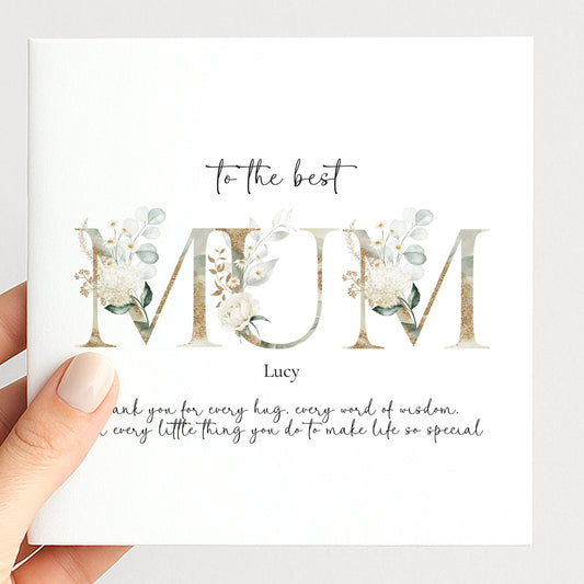 Elegant Floral Mum Birthday Mothers Day Card: Gold Lettering, Keepsake Design