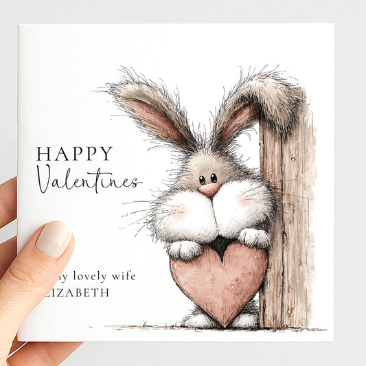 Valentines Card for Wife, Cute Bunny Valentine Card, Personalised Wife Valentine’s Day Card, Bunny Holding Heart, Printed Card