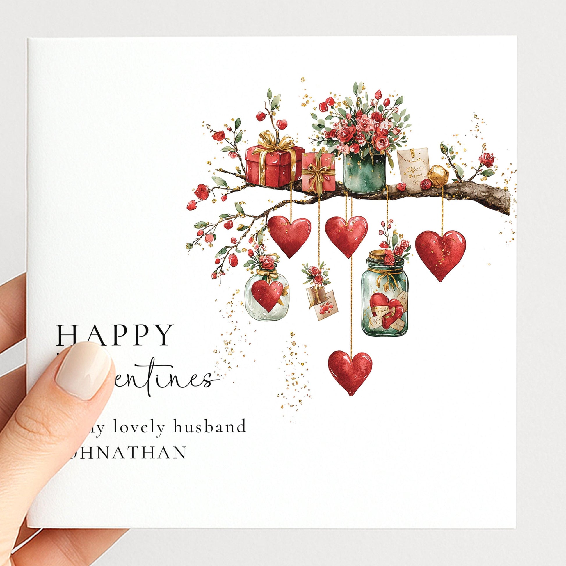 Valentines Card for Husband, Hanging Hearts Valentine Card, Personalised Husband Valentine’s Day Card, Romantic Printed Card