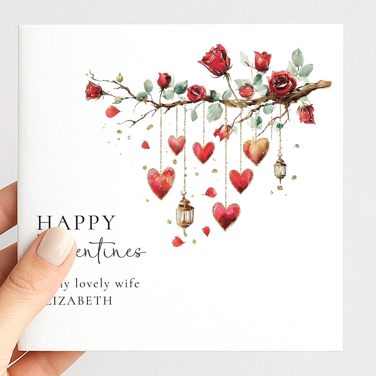 Valentines Card for Wife, Romantic Roses & Hearts Valentine Card, Personalised Wife Valentine’s Day Card, Printed Love Card