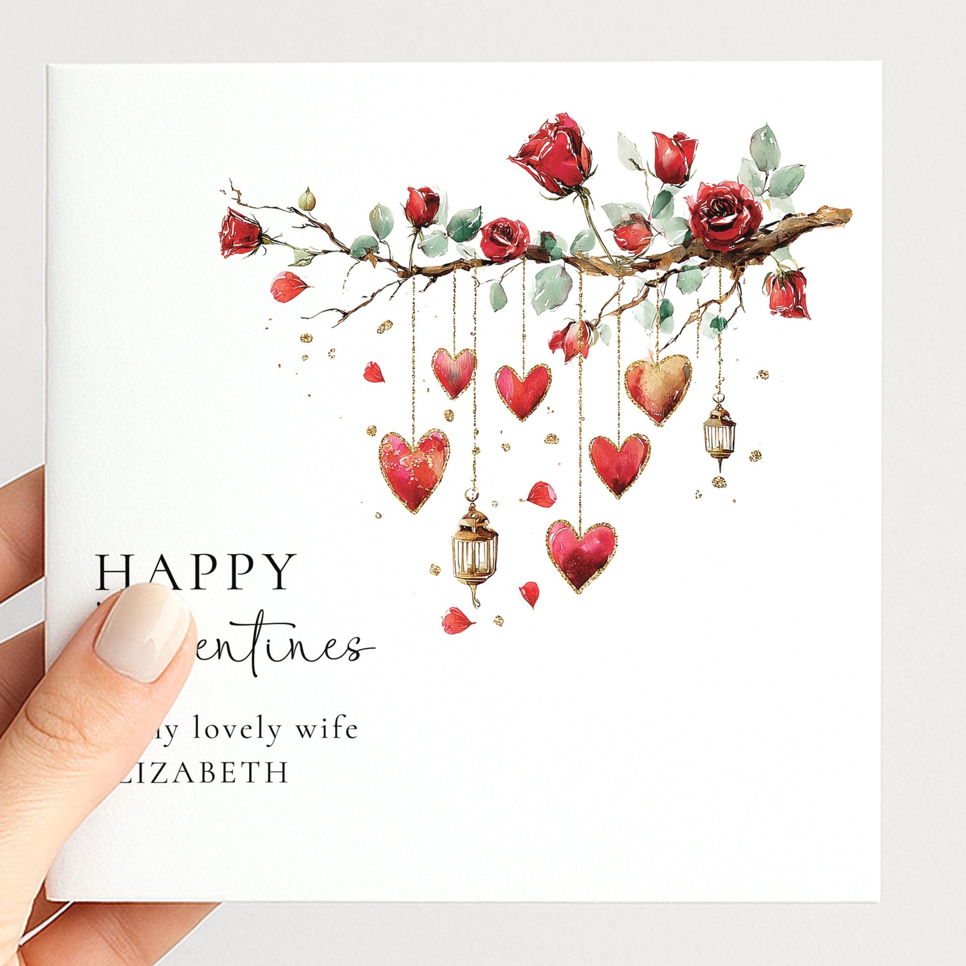 Valentines Card for Wife, Romantic Roses & Hearts Valentine Card, Personalised Wife Valentine’s Day Card, Printed Love Card