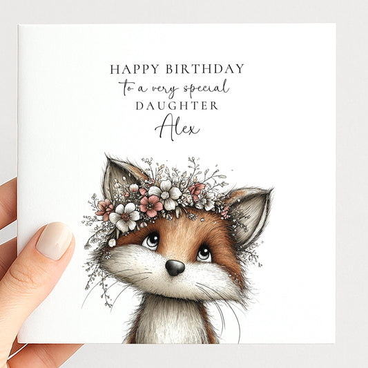 Daughter Birthday Card, Cute Fox Birthday Card, Personalised Daughter Card, Floral Crown Animal Card, Printed Girls Birthday Card