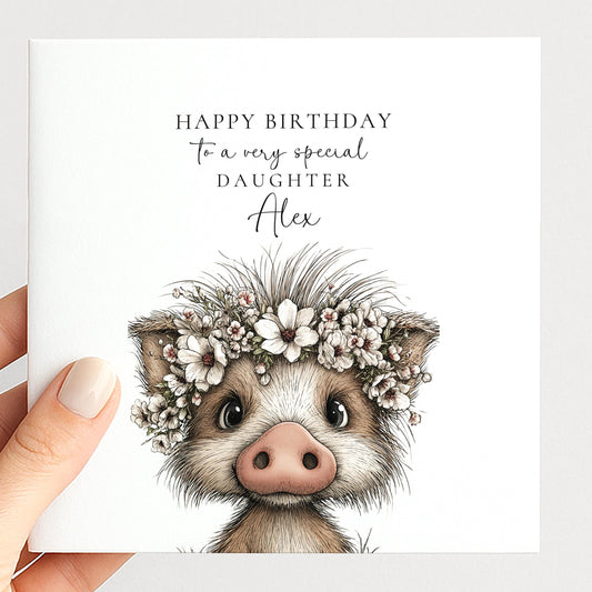 Daughter Birthday Card, Cute Piglet Birthday Card, Personalised Daughter Card, Floral Crown Animal Card, Printed Children’s Birthday Card