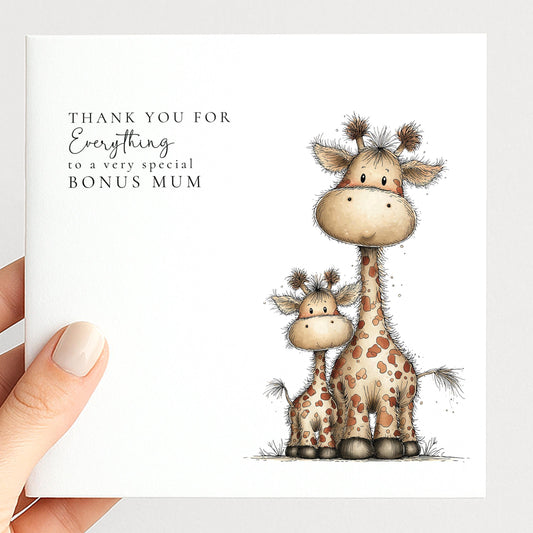 Mother’s Day Card Bonus Mum – Personalised Giraffe Illustration Appreciation Card