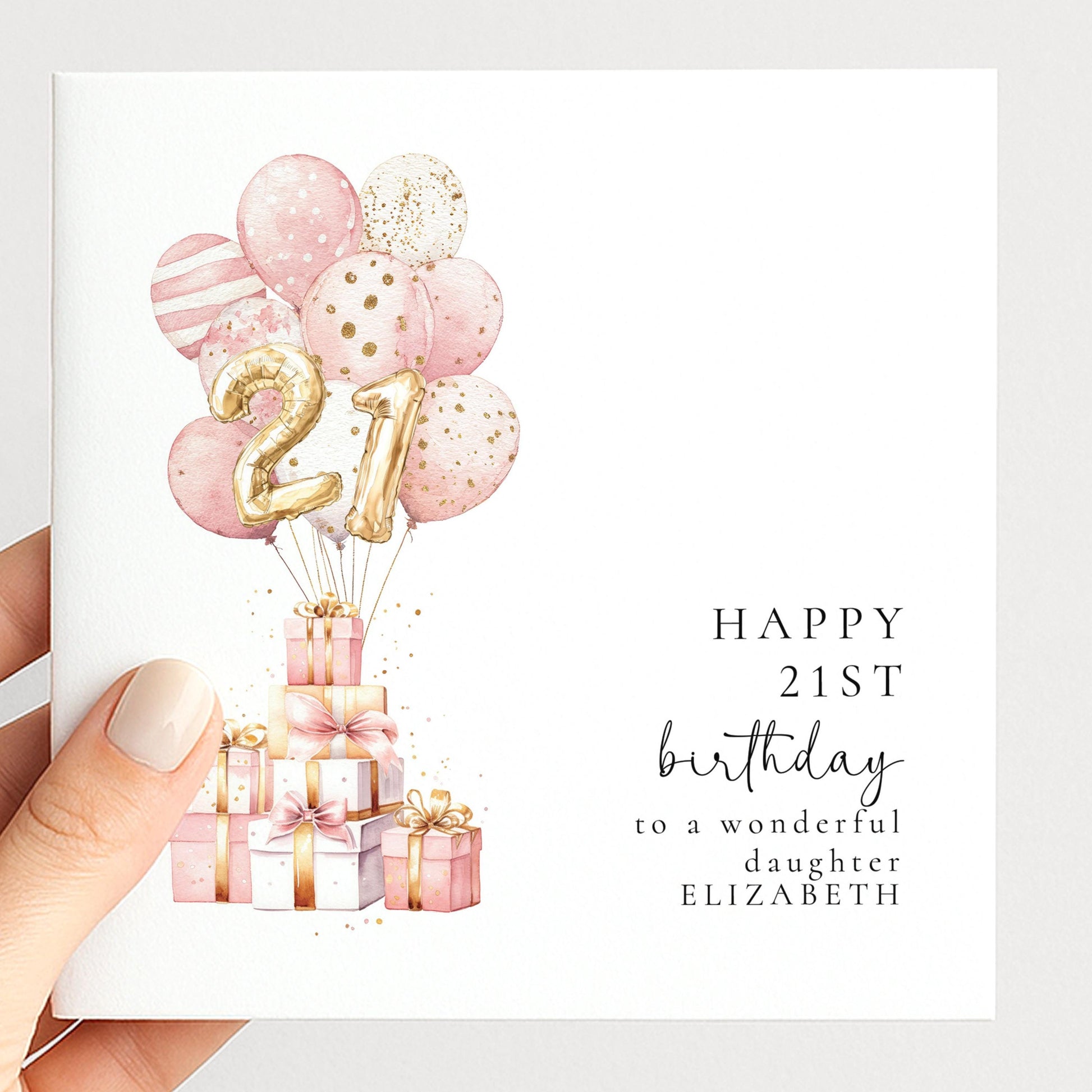 21st Birthday Card for Daughter, Happy 21st Birthday Card with Balloons and Gifts, Personalised Birthday Card for Daughter