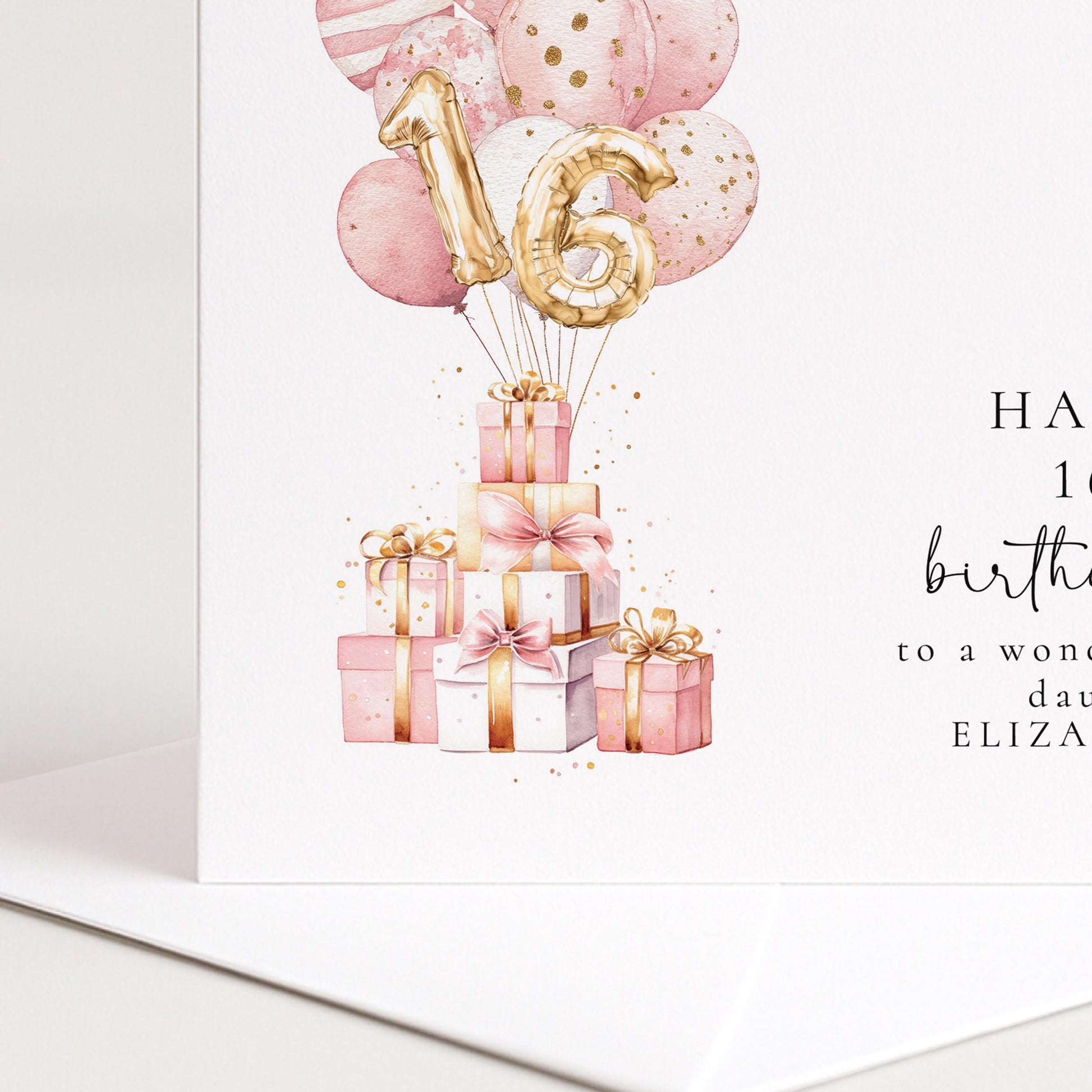 16th Birthday Card for Daughter, Happy 16th Birthday Card with Balloons and Gifts, Personalised Birthday Card for Daughter