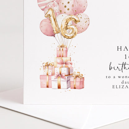 16th Birthday Card for Daughter, Happy 16th Birthday Card with Balloons and Gifts, Personalised Birthday Card for Daughter