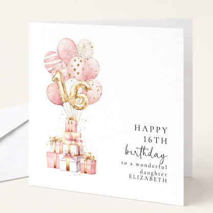 16th Birthday Card for Daughter, Happy 16th Birthday Card with Balloons and Gifts, Personalised Birthday Card for Daughter