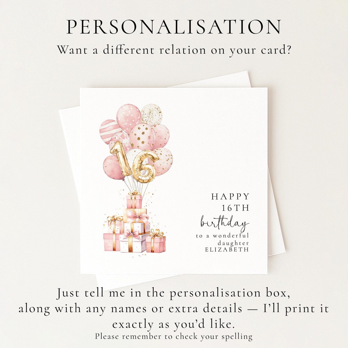 16th Birthday Card for Daughter, Happy 16th Birthday Card with Balloons and Gifts, Personalised Birthday Card for Daughter
