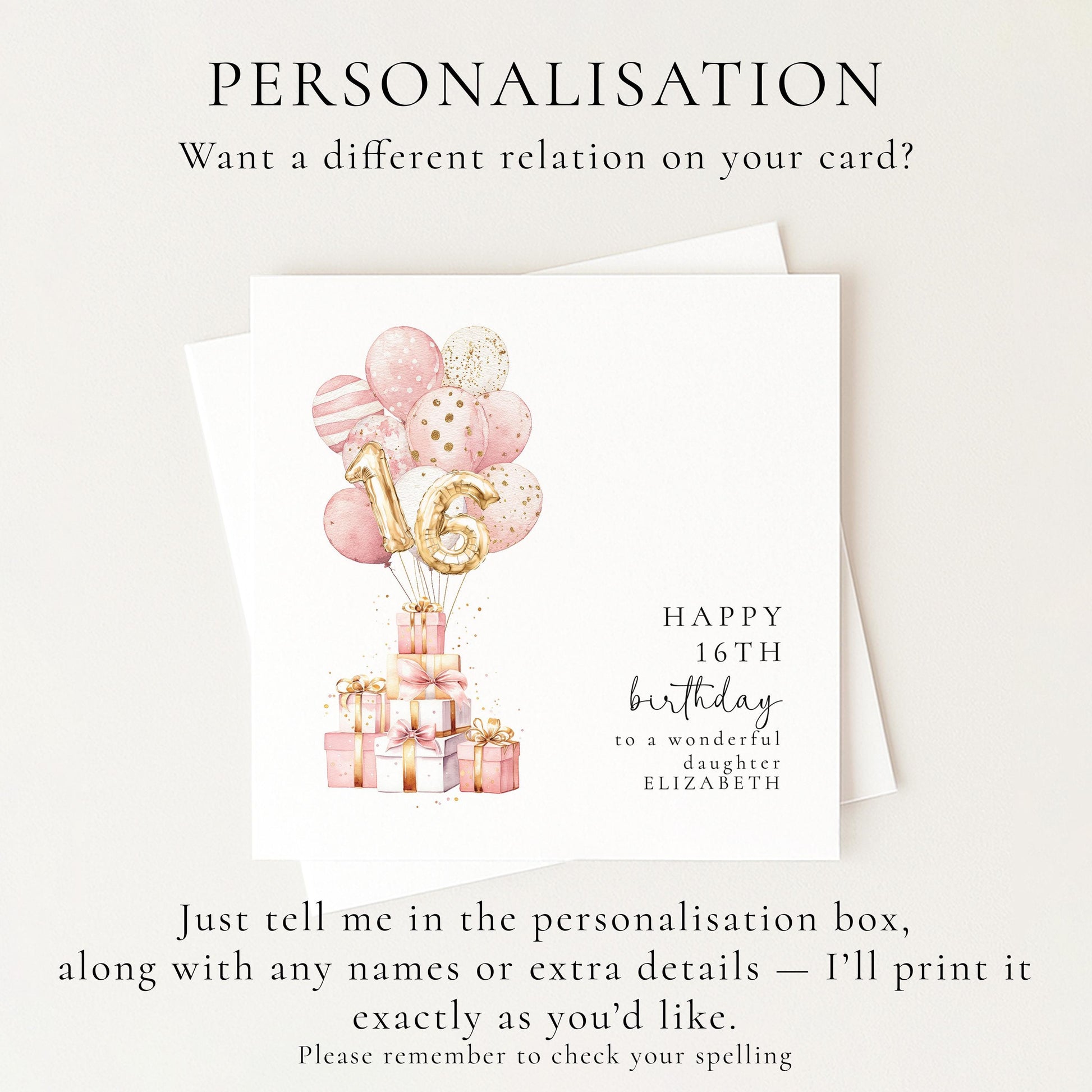 16th Birthday Card for Daughter, Happy 16th Birthday Card with Balloons and Gifts, Personalised Birthday Card for Daughter