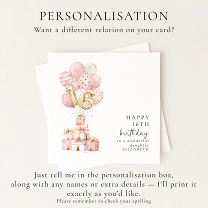 16th Birthday Card for Daughter, Happy 16th Birthday Card with Balloons and Gifts, Personalised Birthday Card for Daughter