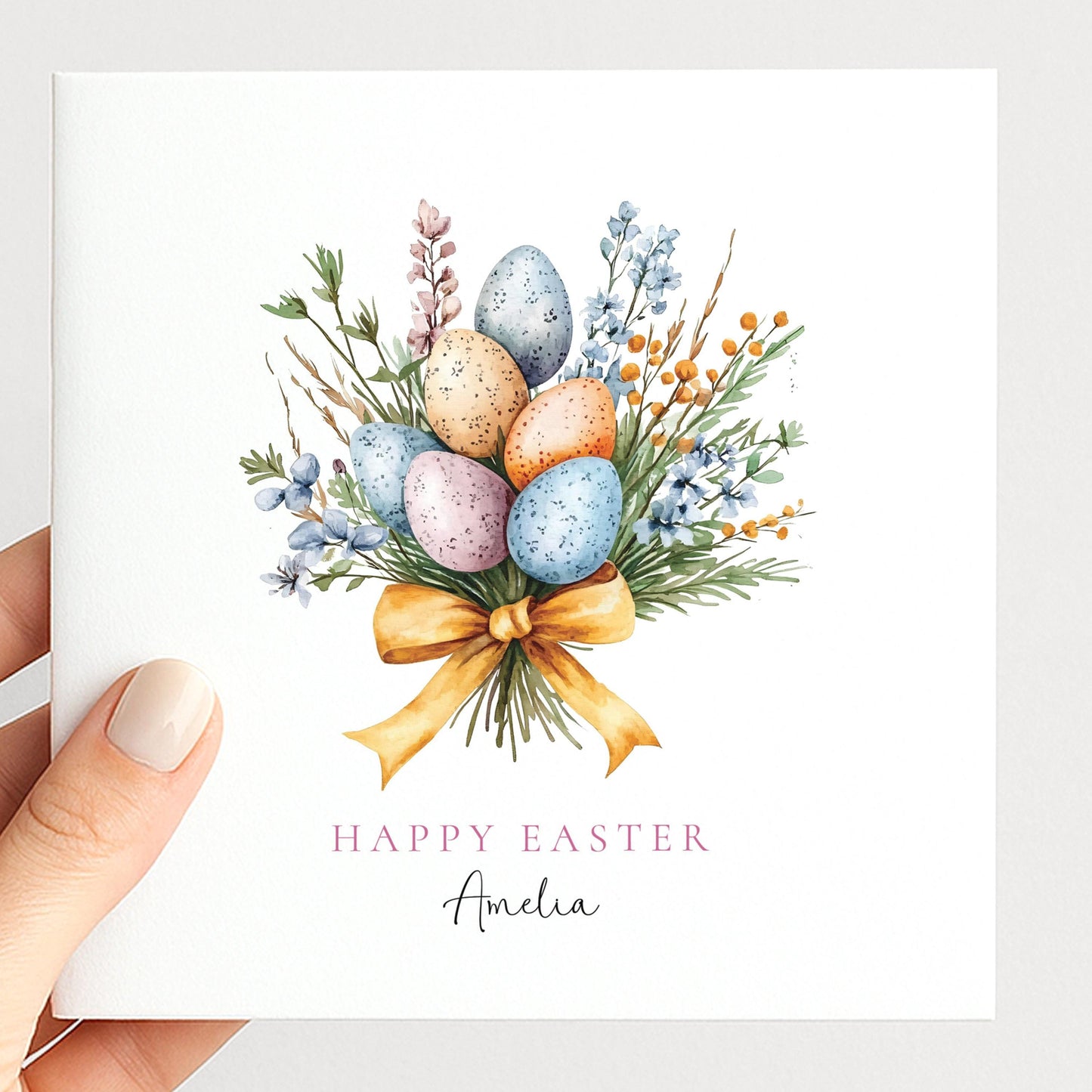 Easter Card, Personalised Easter Egg Bouquet Card, Floral Spring Easter Card, Custom Name Printed Card, Happy Easter Greeting Card