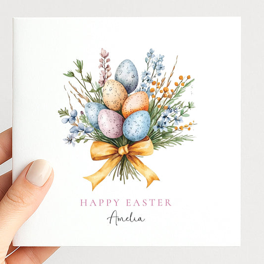 Easter Card, Personalised Easter Egg Bouquet Card, Floral Spring Easter Card, Custom Name Printed Card, Happy Easter Greeting Card