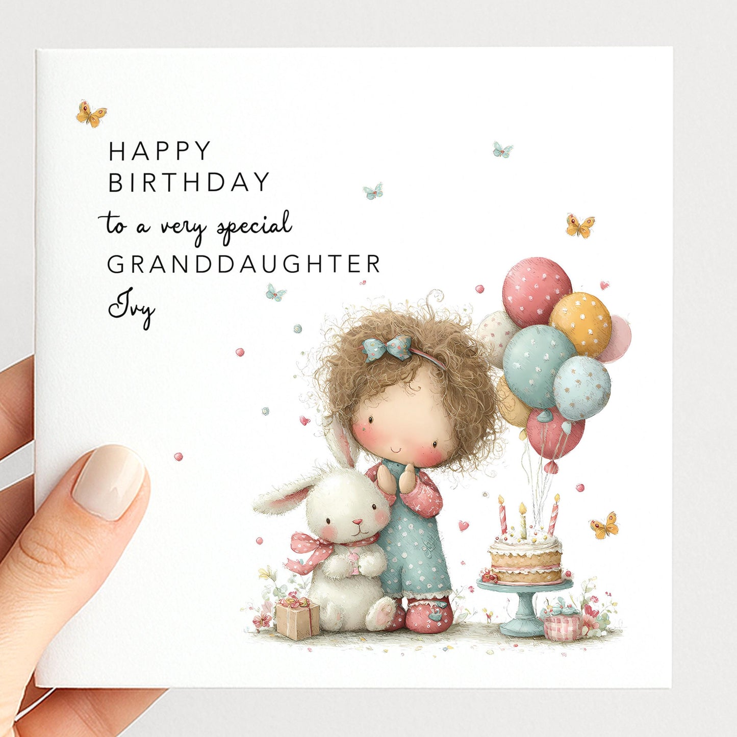 Granddaughter Birthday Card, Personalised Birthday Card for Granddaughter, Cute Girl & Bunny Design, Custom Name Birthday Greeting