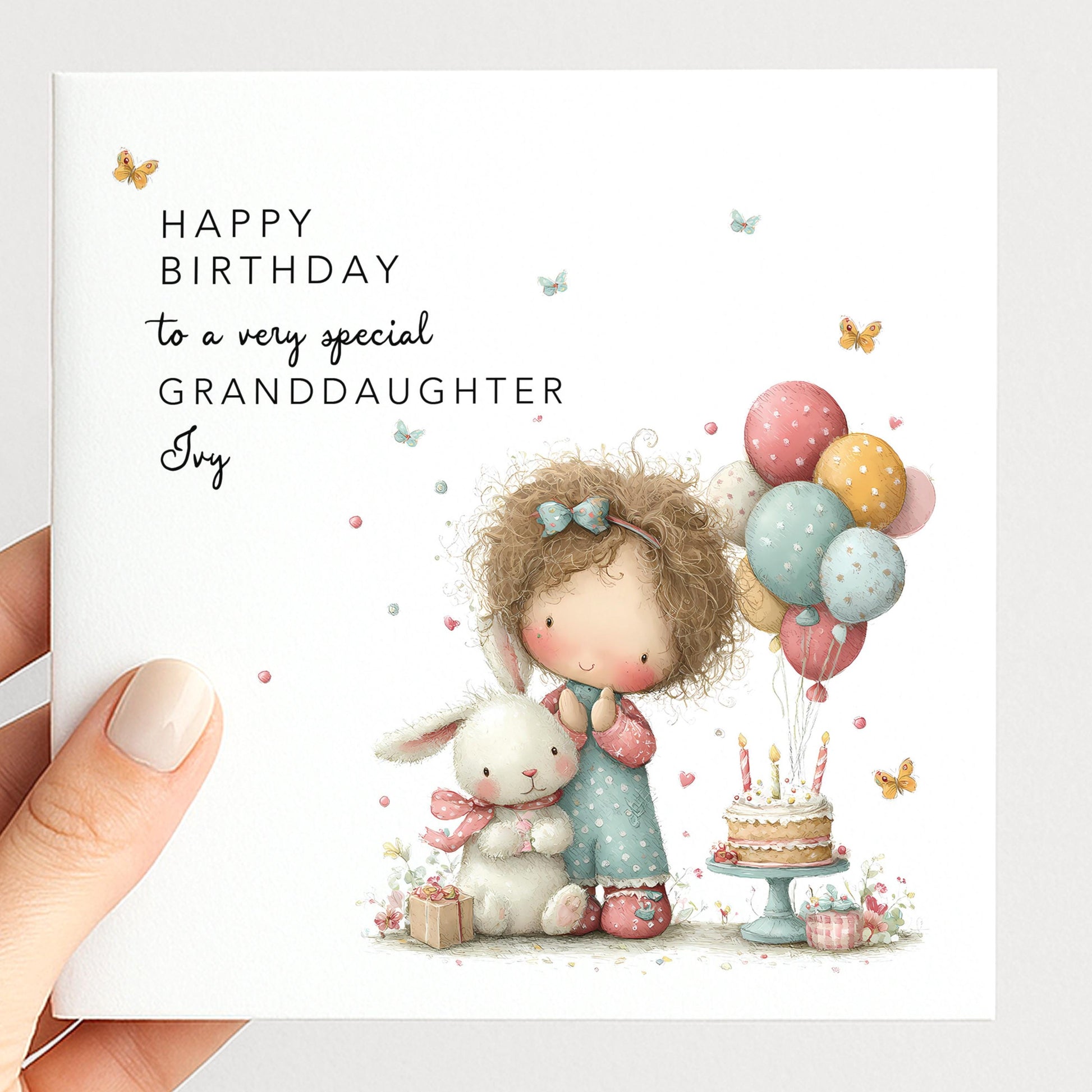 Granddaughter Birthday Card, Personalised Birthday Card for Granddaughter, Cute Girl & Bunny Design, Custom Name Birthday Greeting