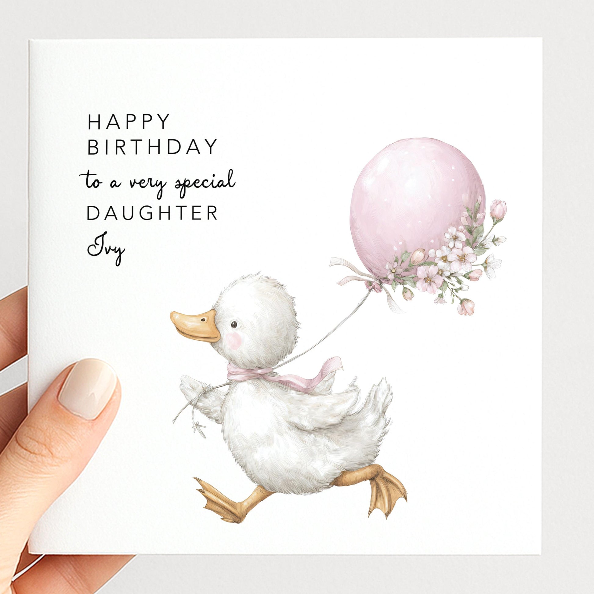 Daughter Birthday Card, Personalised Birthday Card for Daughter, Cute Duck & Balloon Design, Custom Name Birthday Greeting